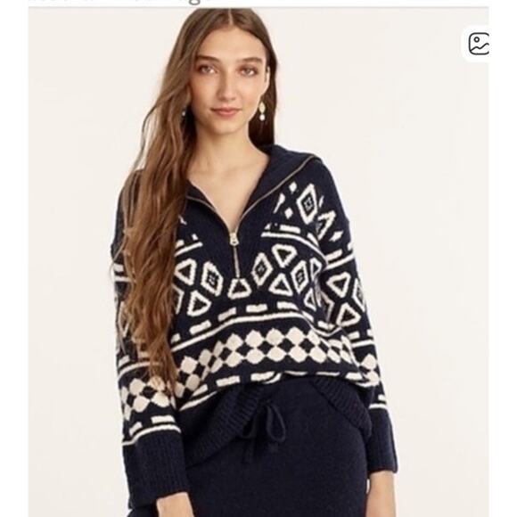 J Crew Sweater Women XS/S Blue Wool Fair Isle Geometric Half Zip Preppy - Picture 1 of 8